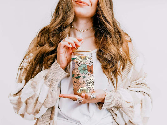 16 OZ Glass Cups - Floral