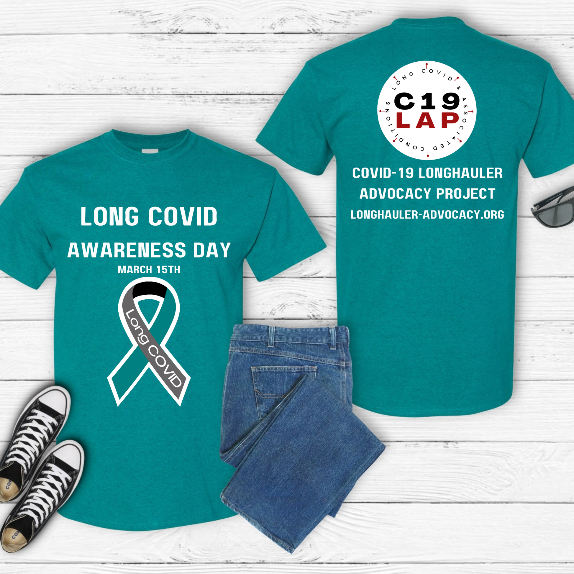 <img alt="teal tee shirt with white text that reads Long Covid Awareness Day, March 15th and a long COVID ribbon in teal gray white and bl" src="#" />