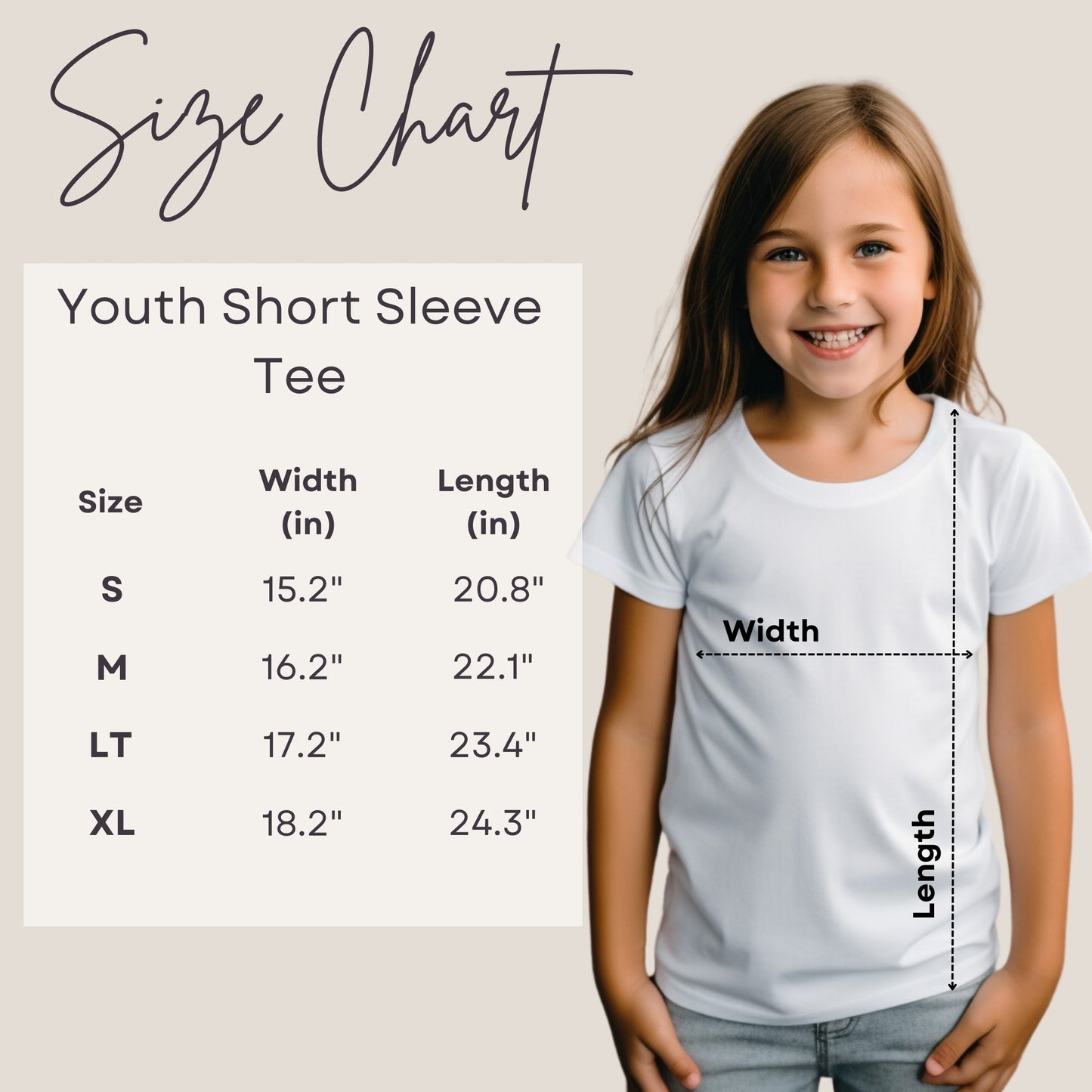 Youth size chart with measurements.